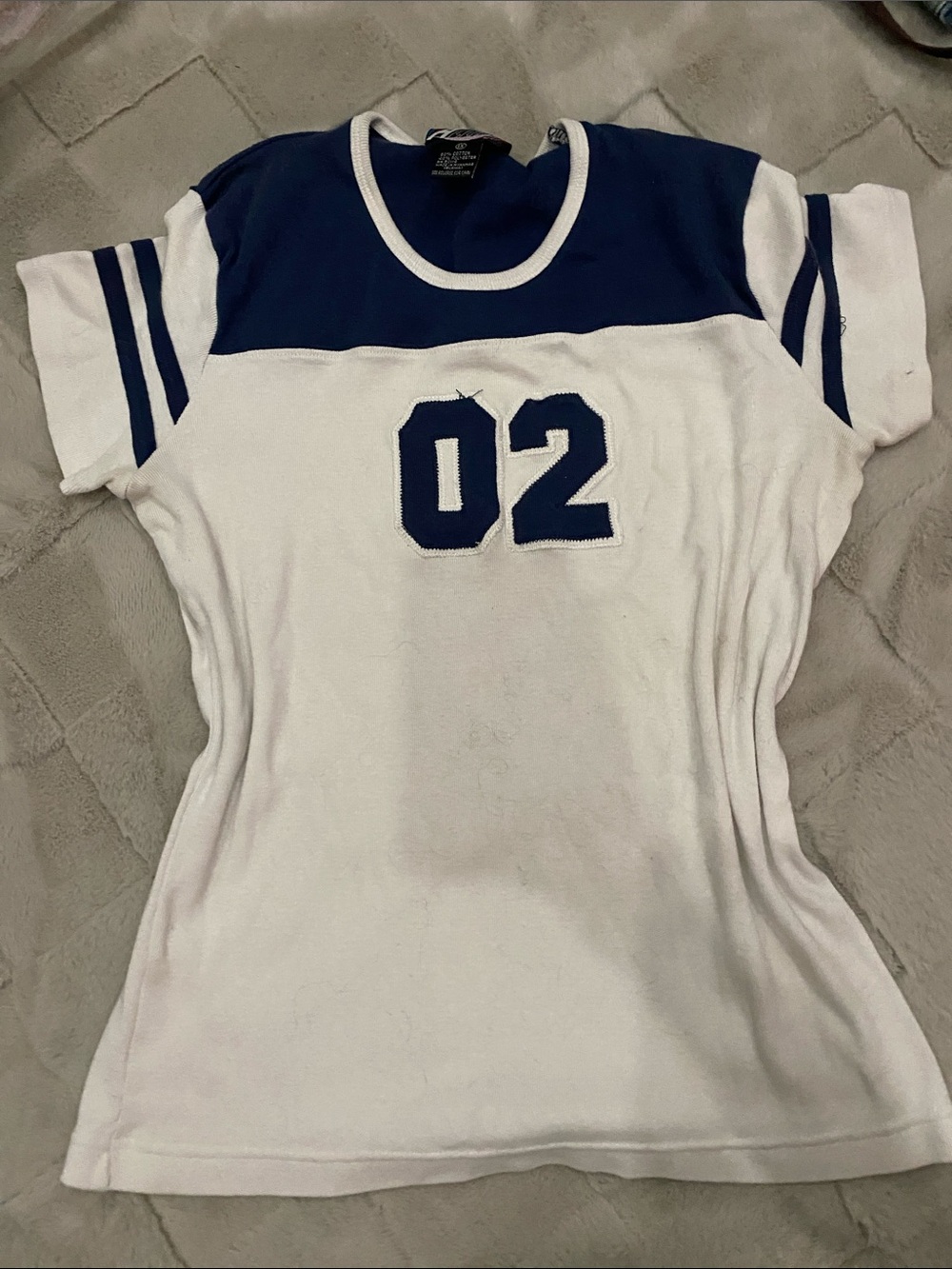 White and Navy Athletic '02' Jersey Tee